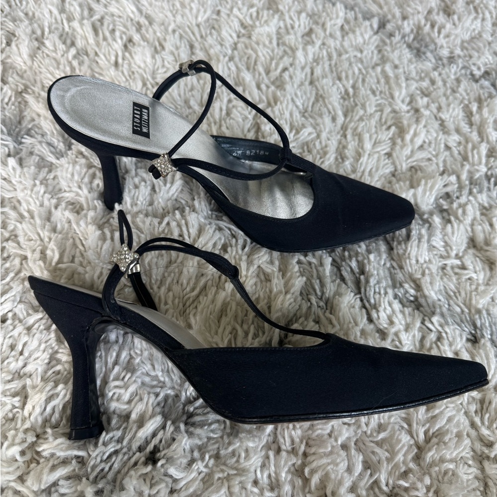 Stuart Weitzman Strappy Rhinestone Black Heels Size 6.5
